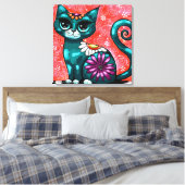 Whimsical Kitty Cat Zittend op vloerkleed Bloemen  Canvas Afdruk (Insitu (Slaapkamer))