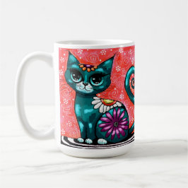 Whimsical Kitty Cat Zittend op vloerkleed Bloemen  Koffiemok