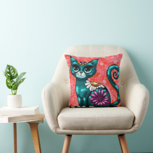 Whimsical Kitty Cat Zittend op vloerkleed Bloemen  Kussen
