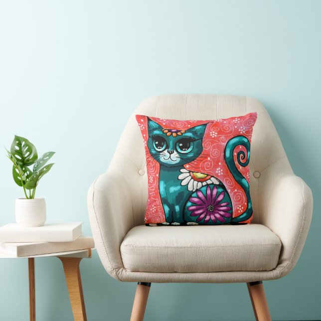 Whimsical Kitty Cat Zittend op vloerkleed Bloemen  Kussen (Stoel)