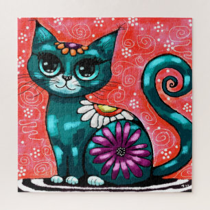 Whimsical Kitty Cat Zittend op vloerkleed Bloemen  Legpuzzel