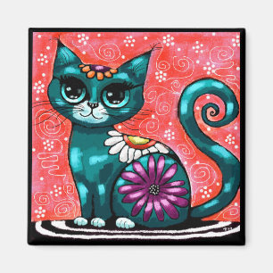 Whimsical Kitty Cat Zittend op vloerkleed Bloemen Magneet