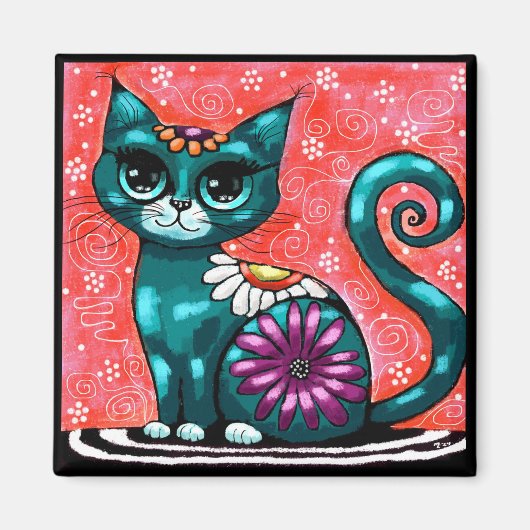 Whimsical Kitty Cat Zittend op vloerkleed Bloemen  Magneet (Voorkant)