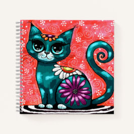 Whimsical Kitty Cat Zittend op vloerkleed Bloemen  Notitieboek