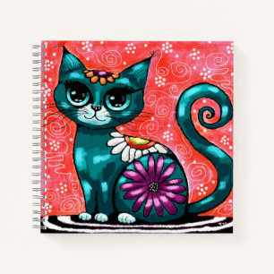 Whimsical Kitty Cat Zittend op vloerkleed Bloemen Notitieboek