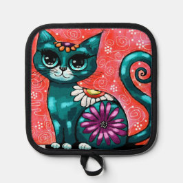 Whimsical Kitty Cat Zittend op vloerkleed Bloemen  Pannenlap