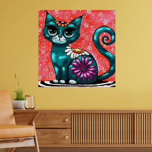 Whimsical Kitty Cat Zittend op vloerkleed Bloemen  Poster