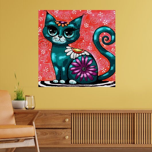 Whimsical Kitty Cat Zittend op vloerkleed Bloemen  Poster (Woonkamer 2)