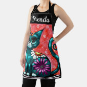 Whimsical Kitty Cat Zittend op vloerkleed Bloemen  Schort (Insitu)