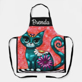 Whimsical Kitty Cat Zittend op vloerkleed Bloemen  Schort (Voorkant)