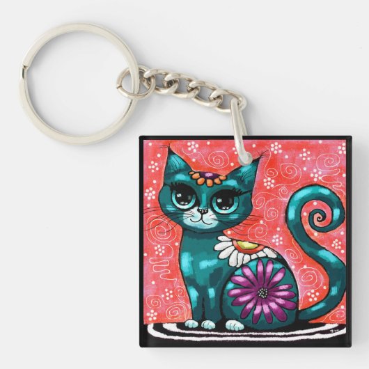 Whimsical Kitty Cat Zittend op vloerkleed Bloemen  Sleutelhanger (Voorkant)