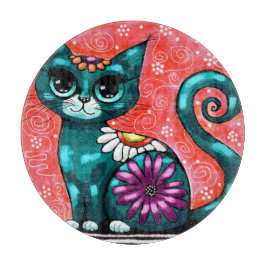 Whimsical Kitty Cat Zittend op vloerkleed Bloemen  Snijplank