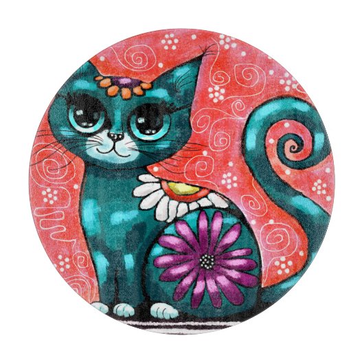 Whimsical Kitty Cat Zittend op vloerkleed Bloemen  Snijplank (Voorkant)