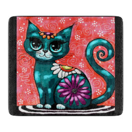 Whimsical Kitty Cat Zittend op vloerkleed Bloemen  Snijplank