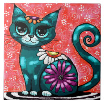 Whimsical Kitty Cat Zittend op vloerkleed Bloemen 