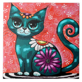 Whimsical Kitty Cat Zittend op vloerkleed Bloemen  Tegeltje