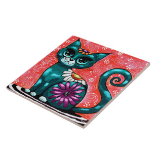Whimsical Kitty Cat Zittend op vloerkleed Bloemen  Tegeltje