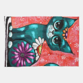 Whimsical Kitty Cat Zittend op vloerkleed Bloemen  Theedoek (Horizontaal)