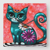 Whimsical Kitty Cat Zittend op vloerkleed Bloemen  Vierkante Klok (Voorkant)