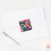 Whimsical Kitty Cat Zittend op vloerkleed Bloemen  Vierkante Sticker (Envelop)