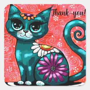 Whimsical Kitty Cat Zittend op vloerkleed Bloemen Vierkante Sticker