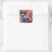 Whimsical Kitty Cat Zittend op vloerkleed Bloemen  Vierkante Sticker (Tas)