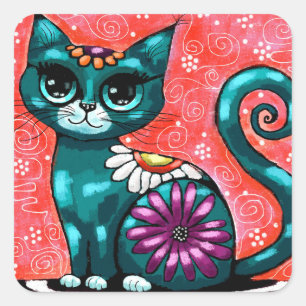 Whimsical Kitty Cat Zittend op vloerkleed Bloemen Vierkante Sticker
