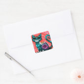 Whimsical Kitty Cat Zittend op vloerkleed Bloemen  Vierkante Sticker (Envelop)