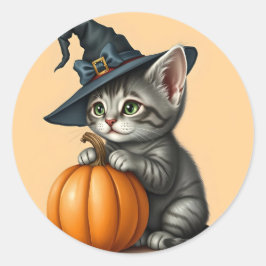 Whimsical Kitty Witch, Halloween Kitten Witch,     Ronde Sticker