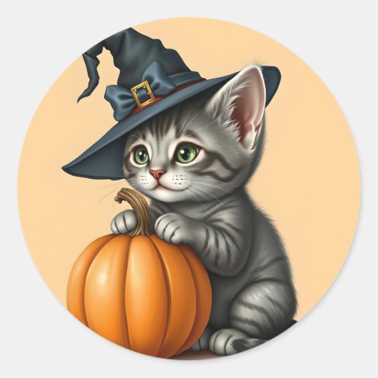Whimsical Kitty Witch, Halloween Kitten Witch,     Ronde Sticker (Voorkant)