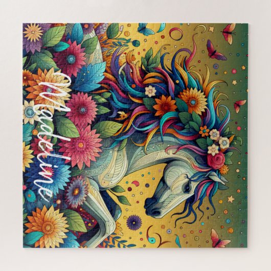  Whimsical Kleurrijke Bloemen en Wit Paard Legpuzzel (Horizontaal)