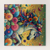 Whimsical Kleurrijke Bloemen en Wit Paard Legpuzzel (Horizontaal)