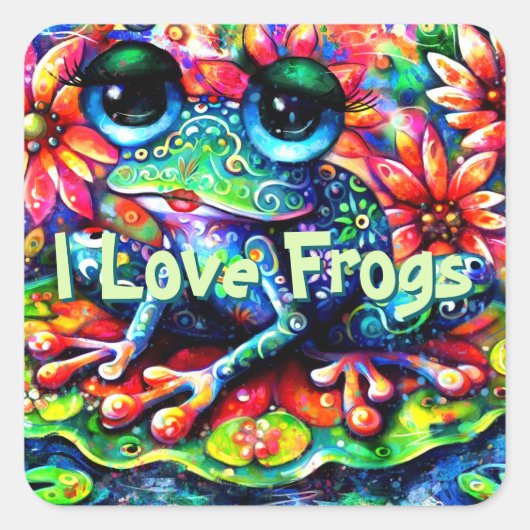 Whimsical Kleurrijke Bloemen Ik hou van kikkers Vierkante Sticker (Voorkant)