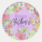 Whimsical Kleurrijke Bloemen op Paarse Moederdag Ronde Sticker (Voorkant)