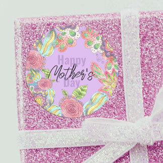Whimsical Kleurrijke Bloemen op Paarse Moederdag Ronde Sticker