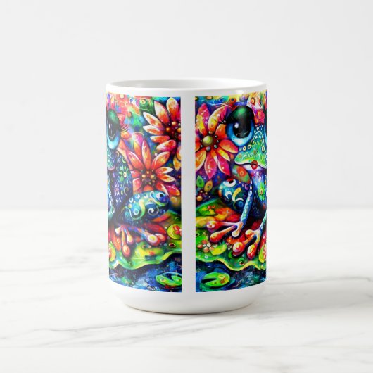 Whimsical Kleurrijke Bloemenkikker op Lily Pad Koffiemok (Center)