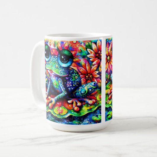 Whimsical Kleurrijke Bloemenkikker op Lily Pad Koffiemok (Voorkant links)