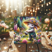 Whimsical Kleurrijke Bunny Gardener Pasen Feestdagenkaart