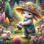 Whimsical Kleurrijke Bunny Gardener Pasen Feestdagenkaart