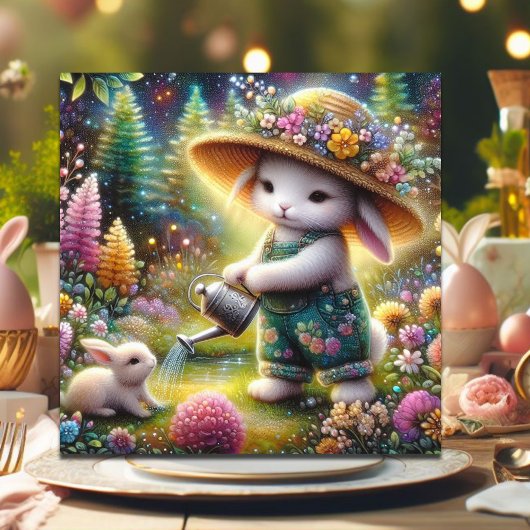Whimsical Kleurrijke Bunny Gardener Pasen Feestdagenkaart