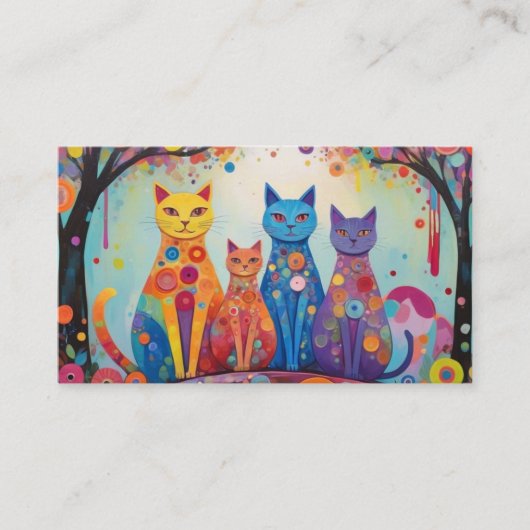 Whimsical kleurrijke katten illustratie visitekaartje (Voorkant)
