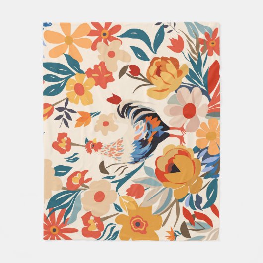 Whimsical kleurrijke kip bloemige achtergrond fleece deken (Voorkant)