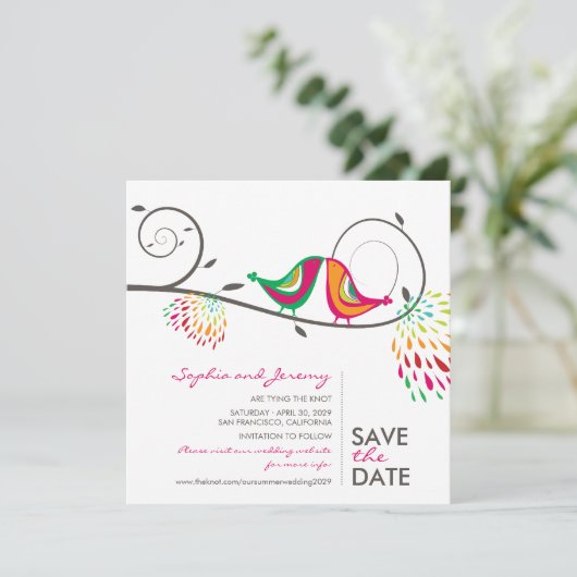 Whimsical Kleurrijke Kissing Birds Zomer Foto Save The Date (Staand voorkant)