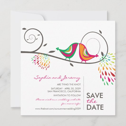 Whimsical Kleurrijke Kissing Birds Zomer Foto Save The Date (Voorkant)