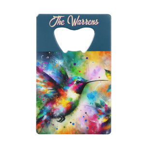 Whimsical Kleurrijke kolibrie vogel gepersonalisee Creditkaart Flessenopener
