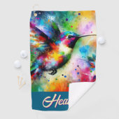 Whimsical Kleurrijke kolibrie vogel gepersonalisee Golfhanddoek (Insitu)