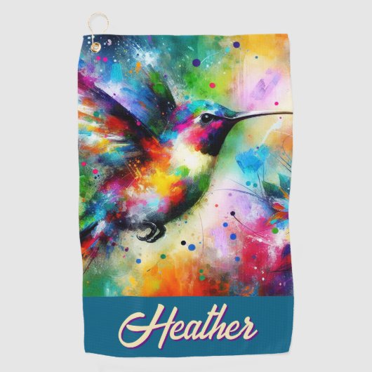 Whimsical Kleurrijke kolibrie vogel gepersonalisee Golfhanddoek (Voorkant)