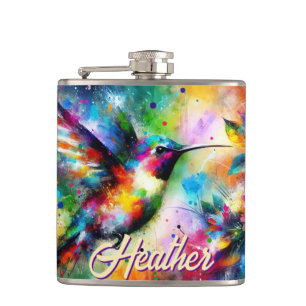 Whimsical Kleurrijke kolibrie vogel gepersonalisee Heupfles