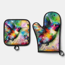 Whimsical Kleurrijke kolibrie vogel gepersonalisee Ovenwant & Pannenlap Set
