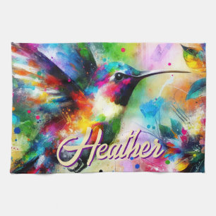 Whimsical Kleurrijke kolibrie vogel gepersonalisee Theedoek